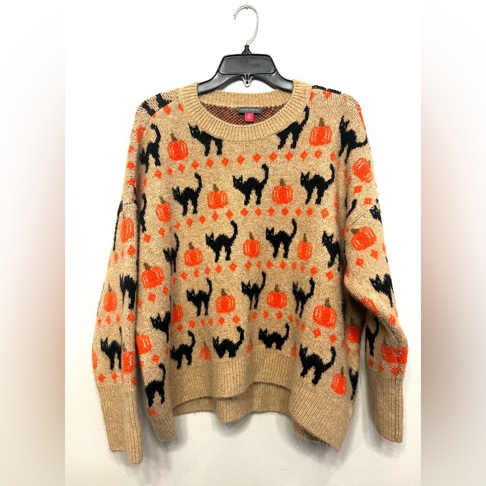 Vince Camuto Women’s Tan Black Cat Pumpkin Festive Sweater Size XL